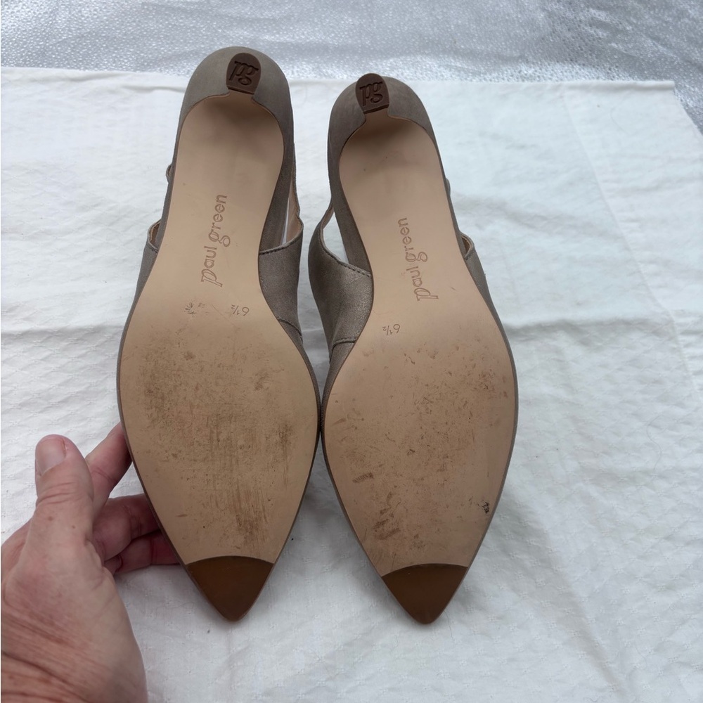 Paul Green Asia Tan Metallic Slingback Leather Kitten Heels Size 6.5 - Picture 4 of 5